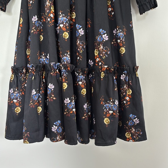 Exclusive Fit n Flare Ruffles Long Sleeve Floral Black Midi Dress Smocked Waist - Picture 4 of 10
